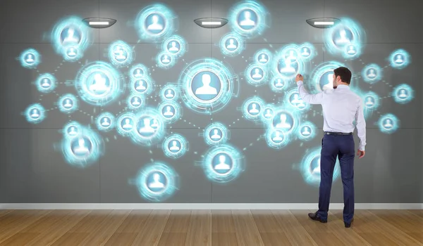 Üzerinde bir duvar 3d renderin sosyal ağ arabirimini kullanarak iş adamı