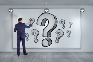 İşadamı çizim soru işaretleri üzerinde bir kurulu 3d renderin kroki