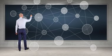 Bir kurulu 3d renderi sosyal ağ arabirimini kullanarak iş adamı