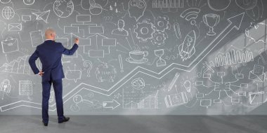 Bir proje çizim işadamı bir duvar 3d render kroki