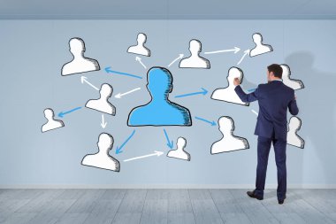 İşadamı çizim sosyal ağ kroki üzerinde bir duvar 3d render