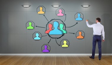 İşadamı çizim sosyal ağ kroki üzerinde bir duvar 3d render