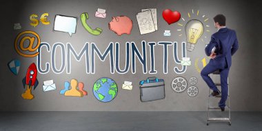 İş adamı izlerken sosyal ağ kroki üzerinde duvar 3d renderin