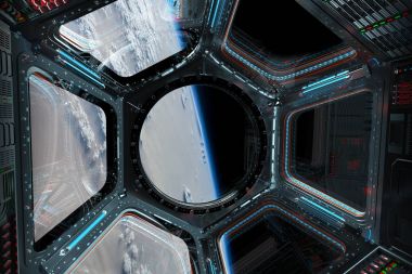 Bir uzay istasyonu pencere 3d işleme el Dünya gezegeninden görünümünü