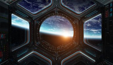 Bir uzay istasyonu pencere 3d işleme el Dünya gezegeninden görünümünü