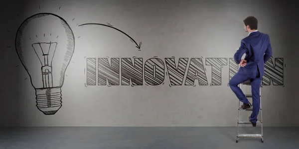 Affärsman titta innovation skiss på en vägg 3d-rendering — Stockfoto