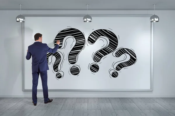 Businessman drawing a question mark sketch on a board 3D renderi — Stock Photo, Image