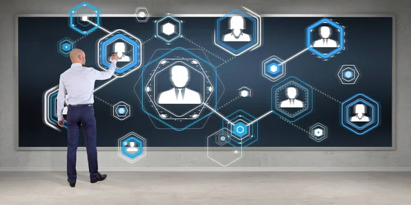 Bir kurulu 3d renderi sosyal ağ arabirimini kullanarak iş adamı