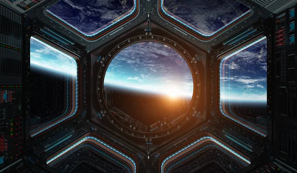 Bir uzay istasyonu pencere 3d işleme el Dünya gezegeninden görünümünü