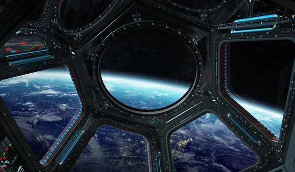 Vista del planeta Tierra desde una ventana de la estación espacial 3D renderizado el — Foto de Stock