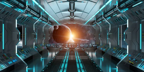 Űrhajó belseje, kilátással a távoli bolygókon rendszer 3d render — Stock Fotó