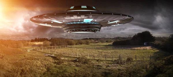 UFO invasie op planeet aarde landascape 3D-rendering — Stockfoto