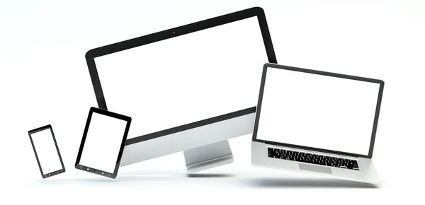 現代のコンピューター ノート パソコン携帯電話とタブレットの 3 d レンデをフローティング — ストック写真