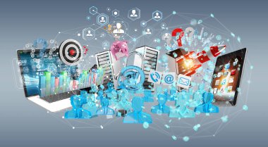 Aygıtlar ve iş nesneleri 3d render birbirine bağlı