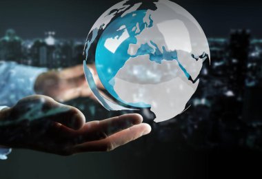 Uçan beyaz kullanarak işadamı ve mavi 3d render dünya
