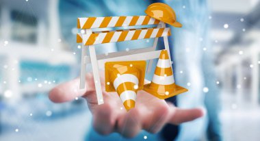 Dijital 3d render altında inşaat işaretleri kullanarak iş adamı