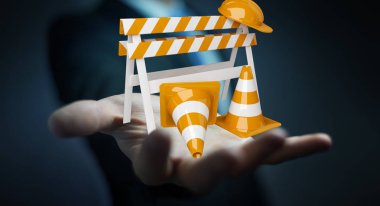 Dijital 3d render altında inşaat işaretleri kullanarak iş adamı