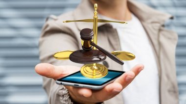 İşadamı adalet çekiç ve tartı ile 3d render ölçekler