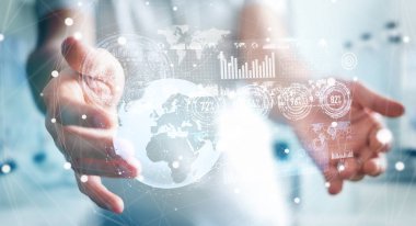 İşadamı hologram ekran dijital veriler 3d renderin ile kullanma