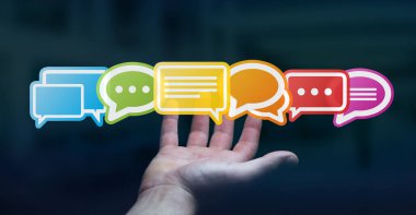 Renkli düz konuşma simgeler 3d rendering kullanarak iş adamı