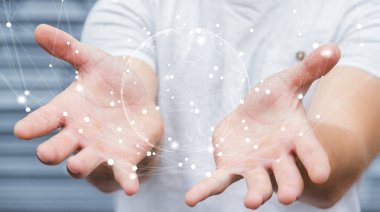Uçan Dünya ağ arabirimi 3d işlemesini kullanan iş adamı