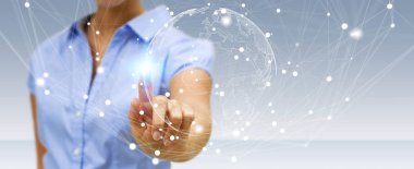 Uçan Dünya ağ arabirimi 3d işlemesini kullanan iş kadını