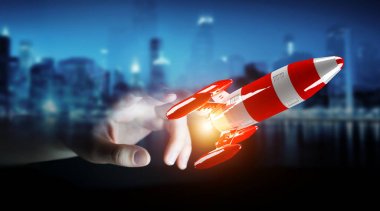 Kırmızı roket onun el 3d render tutan işadamı