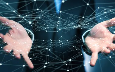 İşadamı 3d render tarafından düzenlenen ağ uçan nokta