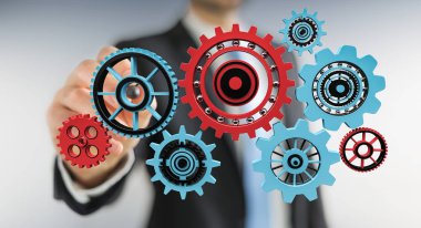 Kayan dişli simgeleri ile bir kalem 3d render dokunmadan işadamı