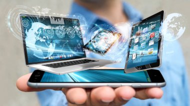 Onun cep telefonu 3d ren ile teknoloji cihazları bağlamak işadamı