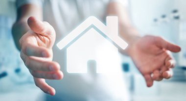 3D render simgesi evi elinde tutan işadamı