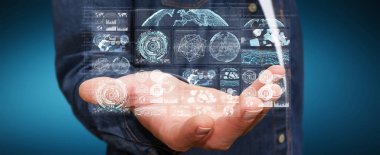 Dijital ekranlar hologramlar veriler 3d render ile kullanarak iş adamı