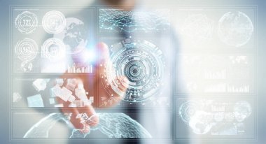 Dijital ekranlar hologramlar veriler 3d render ile kullanarak iş adamı