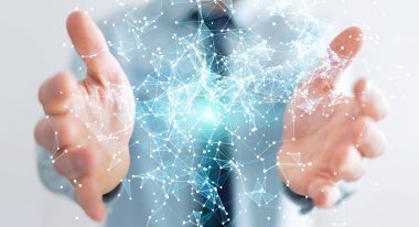 Uçan ağ bağlantısı 3d render tutan işadamı