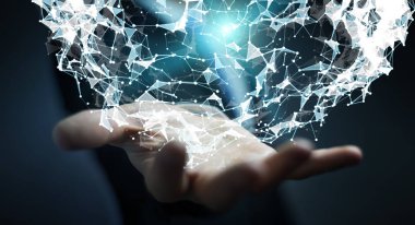 Uçan ağ bağlantısı 3d render tutan işadamı