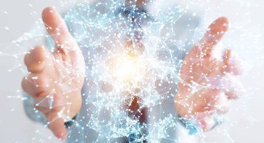 Uçan ağ bağlantısı 3d render tutan işadamı