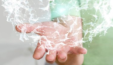 Uçan ağ bağlantısı 3d render tutan işadamı