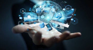 Teknik cihazlar birbirine işadamı 3d render tarafından bağlı