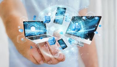 Teknik cihazlar birbirine işadamı 3d render tarafından bağlı