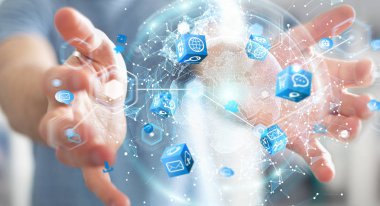 İşadamı 3d rende tarafından aktive uçan Dünya ağ arabirimi