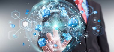 İşadamı 3d rende tarafından aktive uçan Dünya ağ arabirimi