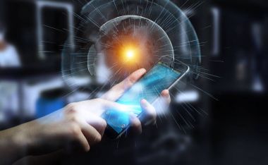 İşadamı 3d rende tarafından aktive uçan Dünya ağ arabirimi