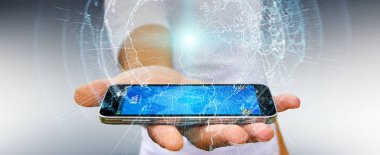 İşadamı 3d rende tarafından aktive uçan Dünya ağ arabirimi