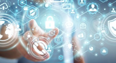 Onun veri kişisel bilgileri 3d renderin koruma işadamı