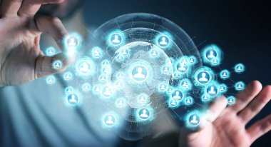 Sosyal ağ arabirimi 3d işlemesini kullanan iş adamı