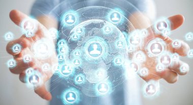 Sosyal ağ arabirimi 3d işlemesini kullanan iş adamı