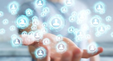 Sosyal ağ arabirimi 3d işlemesini kullanan iş adamı