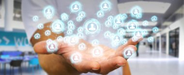 Sosyal ağ arabirimi 3d işlemesini kullanan iş adamı