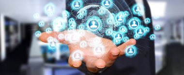 Sosyal ağ arabirimi 3d işlemesini kullanan iş adamı