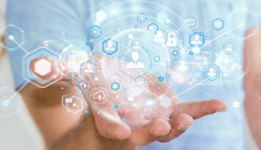 Sosyal ağ arabirimi 3d işlemesini kullanan iş adamı